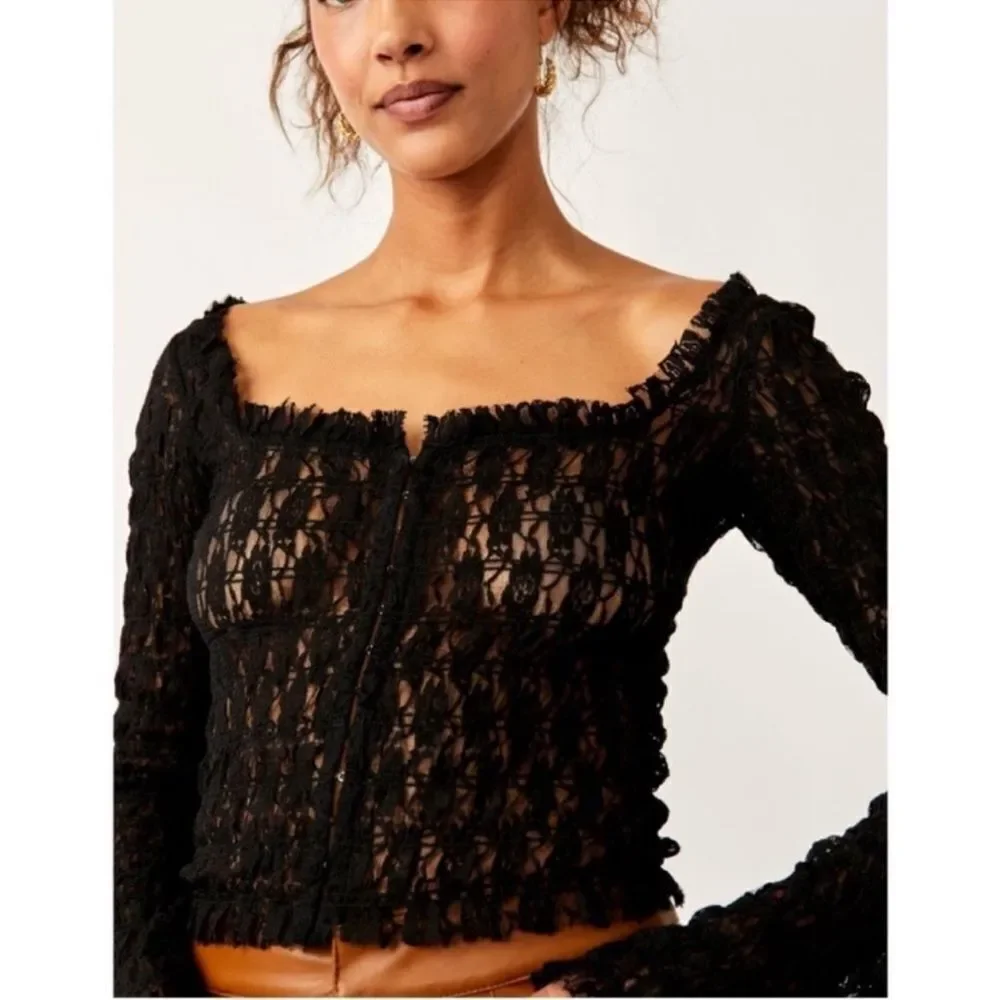 free people XS-S Madison Black Hook Eye Cropped Bell Sleeve Lace Top